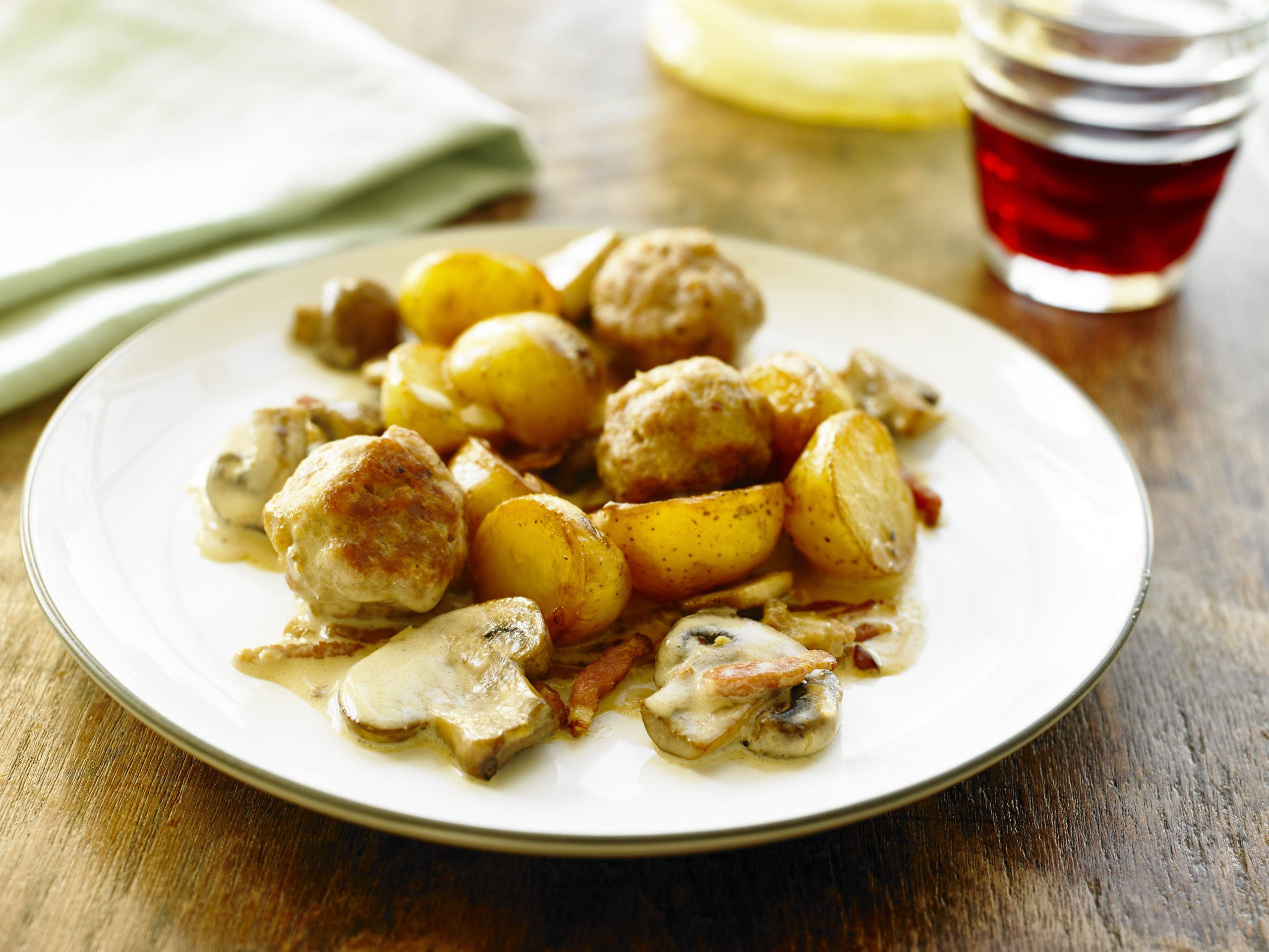 Mushroom potato casserole with meatballs.